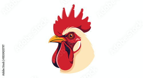 Close-up graphic illustration of a majestic rooster's head, featuring its iconic red comb and confident expression.