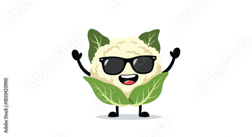 A cheerful cartoon cauliflower wearing sunglasses smiles widely and raises its arms, celebrating a healthy and cool lifestyle.