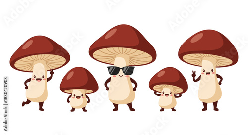 A charming illustration featuring a lively group of six cute cartoon mushrooms with happy faces and various poses, on a white background.