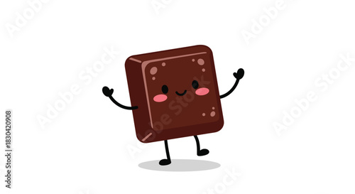 An adorable cartoon chocolate square with a happy face and rosy cheeks, joyfully dancing and jumping with tiny arms and legs.