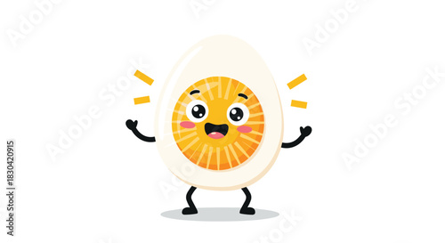 A cheerful, cartoon hard-boiled egg character with a sun-like yolk and a big smile radiates happiness on a white background.