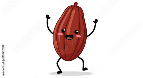 A happy and cute cartoon cocoa pod character with a big smile, rosy cheeks, and expressive arms and legs, standing on a white background.