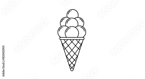 An iconic line drawing of a delicious ice cream cone overflowing with scoops, representing sweet treats and summer refreshments.