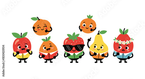 A group of cheerful and expressive cartoon fruit characters, including apples, oranges, strawberries, and pears, some wearing clothes and accessories.