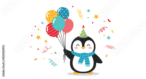 An adorable cartoon penguin celebrates with a party hat, blue scarf, and colorful balloons, surrounded by festive confetti and stars.