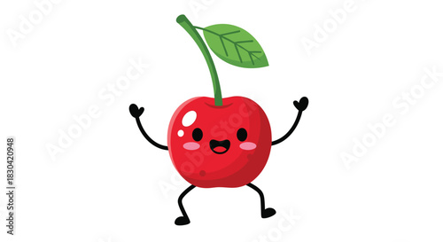 A cheerful, adorable cartoon cherry with a big smile and rosy cheeks, celebrating joyfully with its arms raised on a white background.