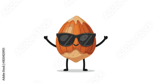 A cheerful and cool cartoon hazelnut character wearing stylish black sunglasses and posing with raised arms against a clean white background.