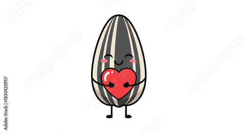 Cute animated sunflower seed character happily holding a red heart, expressing love and affection on a clean white background.