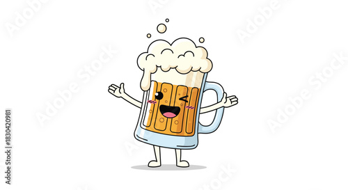 A cute, cheerful cartoon beer mug character with a foamy head, smiling face, and winking eye, joyfully posing on a white background.