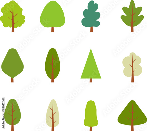 Tree icon. Flat trees set. Flat forest tree and bush nature plant isolated vector illustration, PNG or JPG