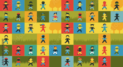 A vibrant, colorful grid features a diverse group of stylized children icons standing together, representing global community, childhood, and inclusivity.