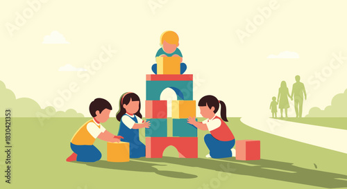 Four joyful children collaboratively build a colorful block tower outdoors, symbolizing teamwork, creativity, and early childhood development in a vibrant park.