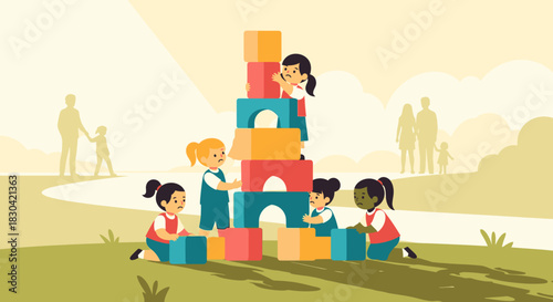 Children joyfully collaborate outdoors, building a vibrant block tower, promoting teamwork, creativity, and essential early childhood development in a park.
