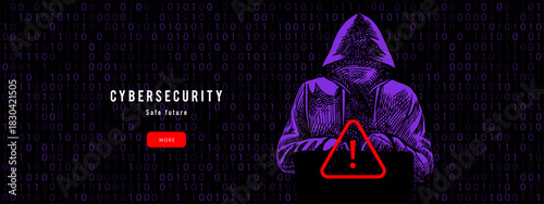 Sketch hooded hacker with laptop, binary background. Cybersecurity, privacy, banking, insurance, crypto exchange concept. Hand drawn vector illustration.