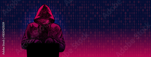 Sketch hooded hacker with laptop, binary background. Cybersecurity, privacy, banking, insurance, crypto exchange concept. Hand drawn vector illustration.