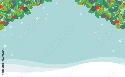 クリスマス用柊装飾のある雪原の背景フレームイラスト