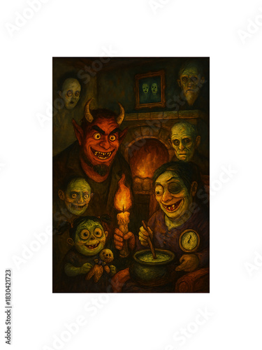 A Spooky Gathering: A chilling illustration, portraying a diabolical gathering, where various ghoulish creatures, including a devil, a witch, and other ominous figures, converge in a dark.