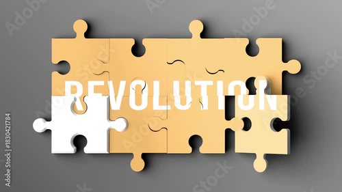 Ai brings to life revolution - when many parts of a Ai puzzle come together and start manifesting, they create Revolution at the same time. A puzzle metaphor showing relationship between them.