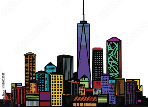 Colorful city skyline illustration with modern skyscrapers and unique architecture, vibrant urban landscape artwork, artistic metropolitan skyline concept, creative cityscape design