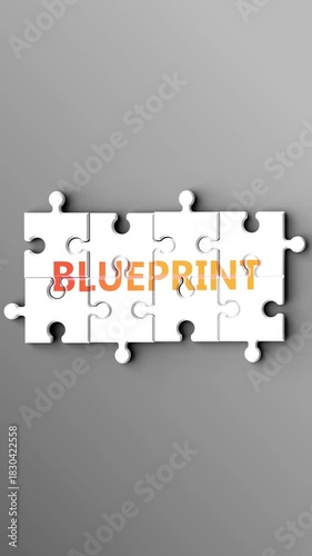 Blueprint being a complex topic - puzzle pieces with word blueprint coming together to make a whole. Blueprint made of many fitting parts, a compound subject.