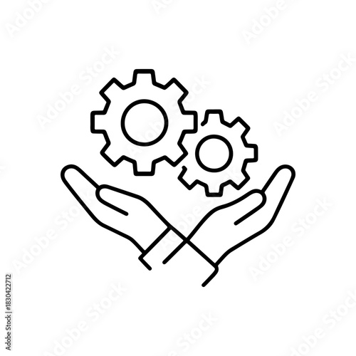 Line art icon of two interlocking gears held carefully in open hands, representing support, maintenance, or service