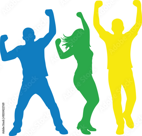 Colorful celebration silhouettes, joyful poses, expressive movement, vibrant character illustration, dynamic energy, success concept, fun activity scene, artistic diversity, white background