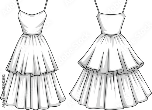 Elegant tiered flare dress fashion illustration with spaghetti straps, flowing layered skirt, detailed front and back CAD vector design
