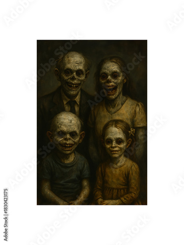 Gothic Family Portrait: A chilling portrait of a family, with skeletal features and haunting smiles, captured in a dimly lit, vintage style. Evoking a sense of unease.