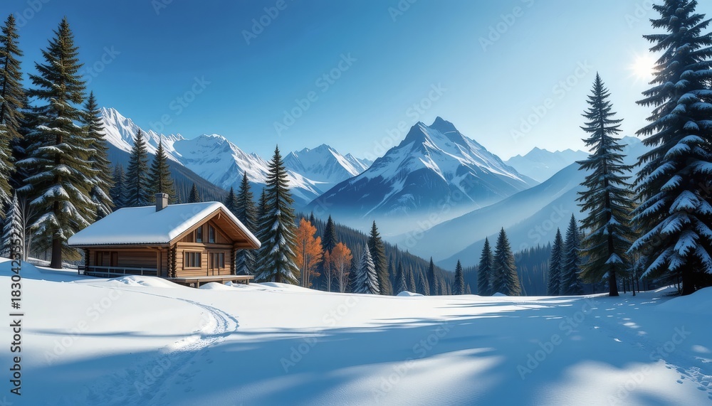 Fototapeta premium Cozy wooden cabin in a snow-covered alpine valley, surrounded by tall pine trees and majestic peaks. Fresh powder trails invite solitude, winter travel, adventure, and holiday inspiration.