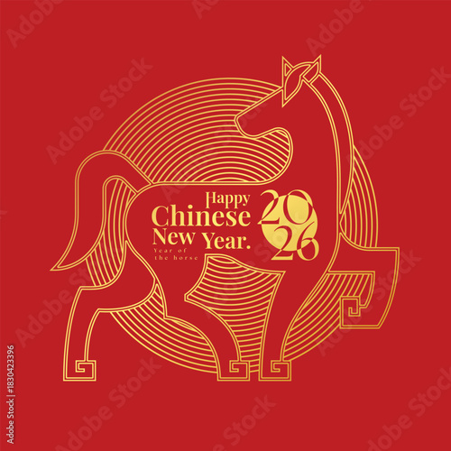 Happy chinese new year 2026 - Text in Gold line chinese horse zodiac on circle line layer on red background vector design