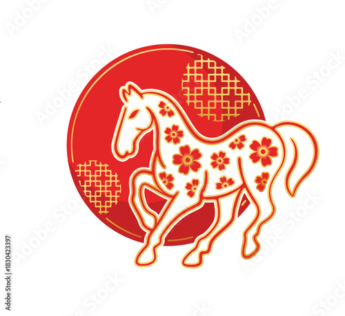 Red gold line Chinese horse zodiac on circle with china texture vector design