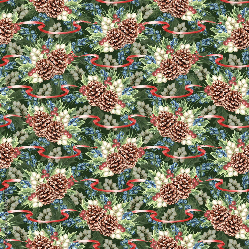 Obraz premium Watercolor pine cones with red ribbons and colorful berries Christmas seamless pattern. Hand-drawn illustration winter plantsfor holiday packagine design. Festive nature background for textile, paper.