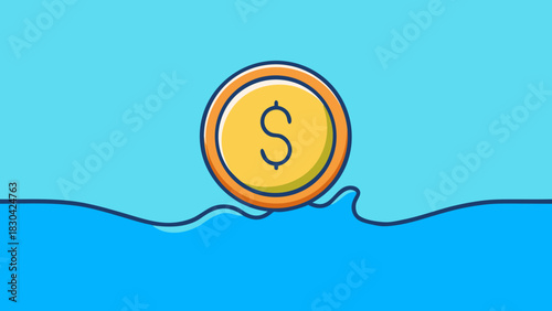 A dollar coin floating on a blue water stream