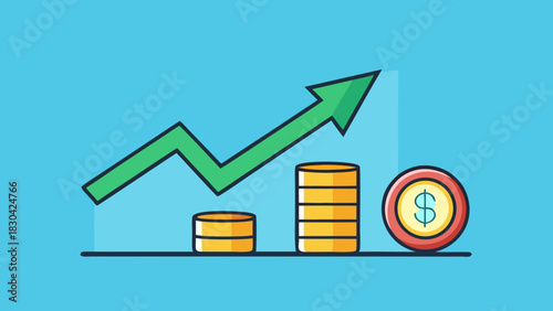 Coin stacks and green arrow representing financial growth
