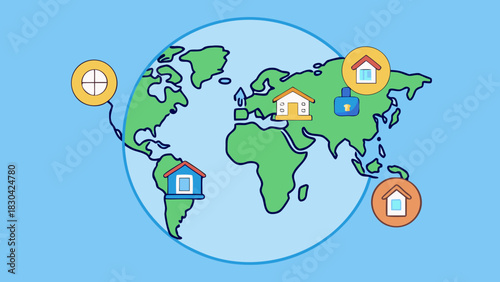 A world map with homes representing international property