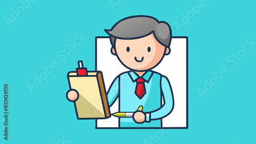 Cartoon Trader Holding a Clipboard and Pen Analyzing Information
