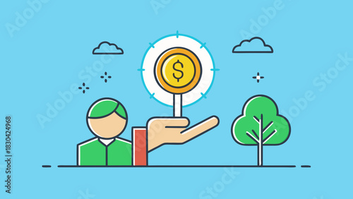 A person holding up a dollar coin with financial targets