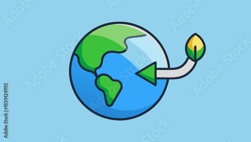 A green Earth globe with an arrow showing emission reduction