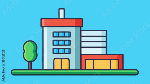 A company building icon illustration showing acquisition or buyout