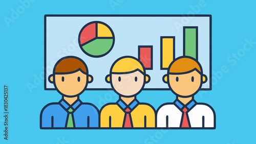 Cartoon Team Analyzing Charts for Financial Investment Plans