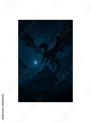 Dragon in the Night: A mythical dragon soars majestically in the inky twilight, its silhouette defined against the luminous full moon, over towering mountain. It evokes a sense of fantasy and wonder.