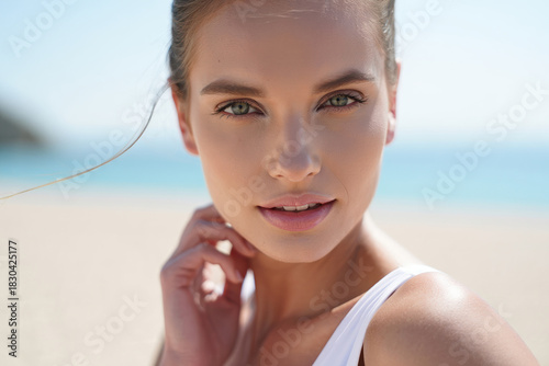 Wallpaper Mural Sun-washed close-up portrait of a woman with green eyes and glowing skin at beach Torontodigital.ca