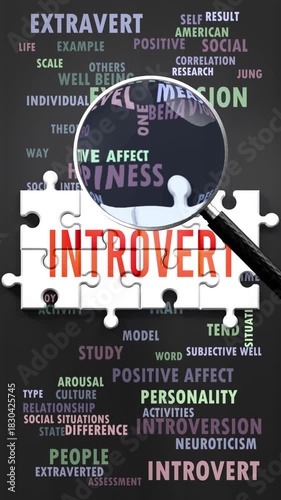 Introvert under magnifying glass, being researched, studied and examined. Most important subjects and ideas closely related to introvert written around a puzzle to symbolize complexity of introvert.