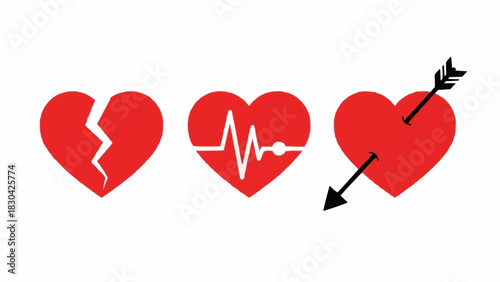 Heartache, Healing, and Love's Arrow Symbolic Hearts Depicting Emotional Stages, from Brokenness to the Pulse of Life, and the Strike of Affection