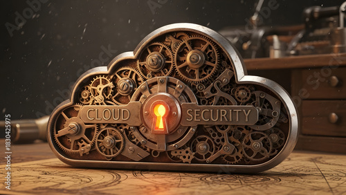 An ornate industrial cloud lock composed of detailed cogs and gears, featuring a luminous keyhole that illustrates the concept of advanced cloud computing security
