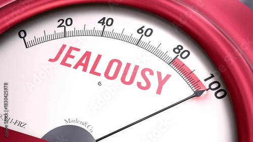Jealousy off the charts. Meter showing increasing, dangerous and high levels of jealousy, potential overload. Maximum and critical jealousy