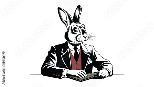 Surreal anthropomorphic rabbit wearing a suit and tie sitting at a desk with a book or notebook in a black and white illustration