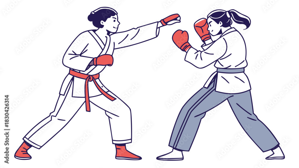 Fototapeta premium Two women sparring in martial arts attire, one throwing a punch.