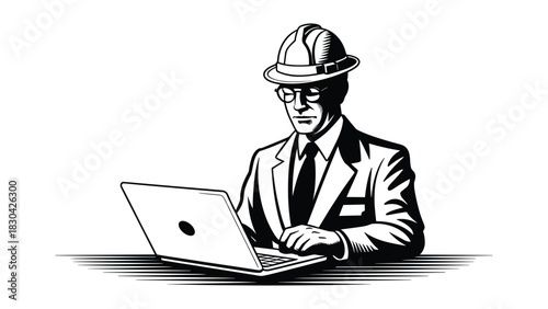 Professional engineer wearing a hard hat and suit diligently working on a laptop computer at a desk in a black and white illustration