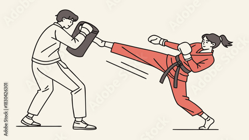 A woman in a red karate uniform practices a high kick against a training pad held by a man in a white tracksuit.